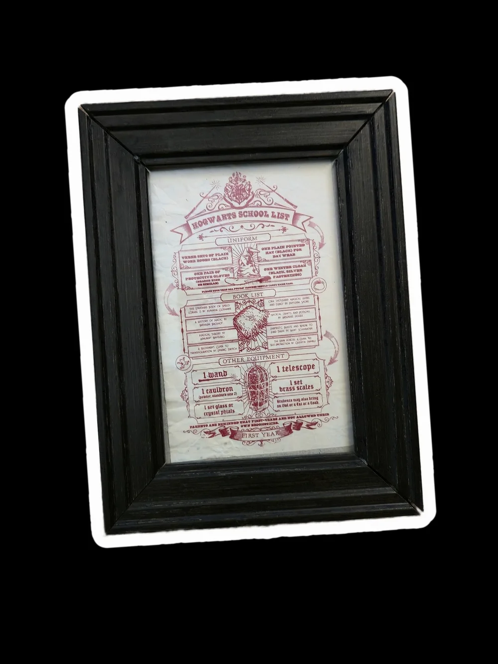 Framed Hogwartz School Supply List Black Wood Picture Frame